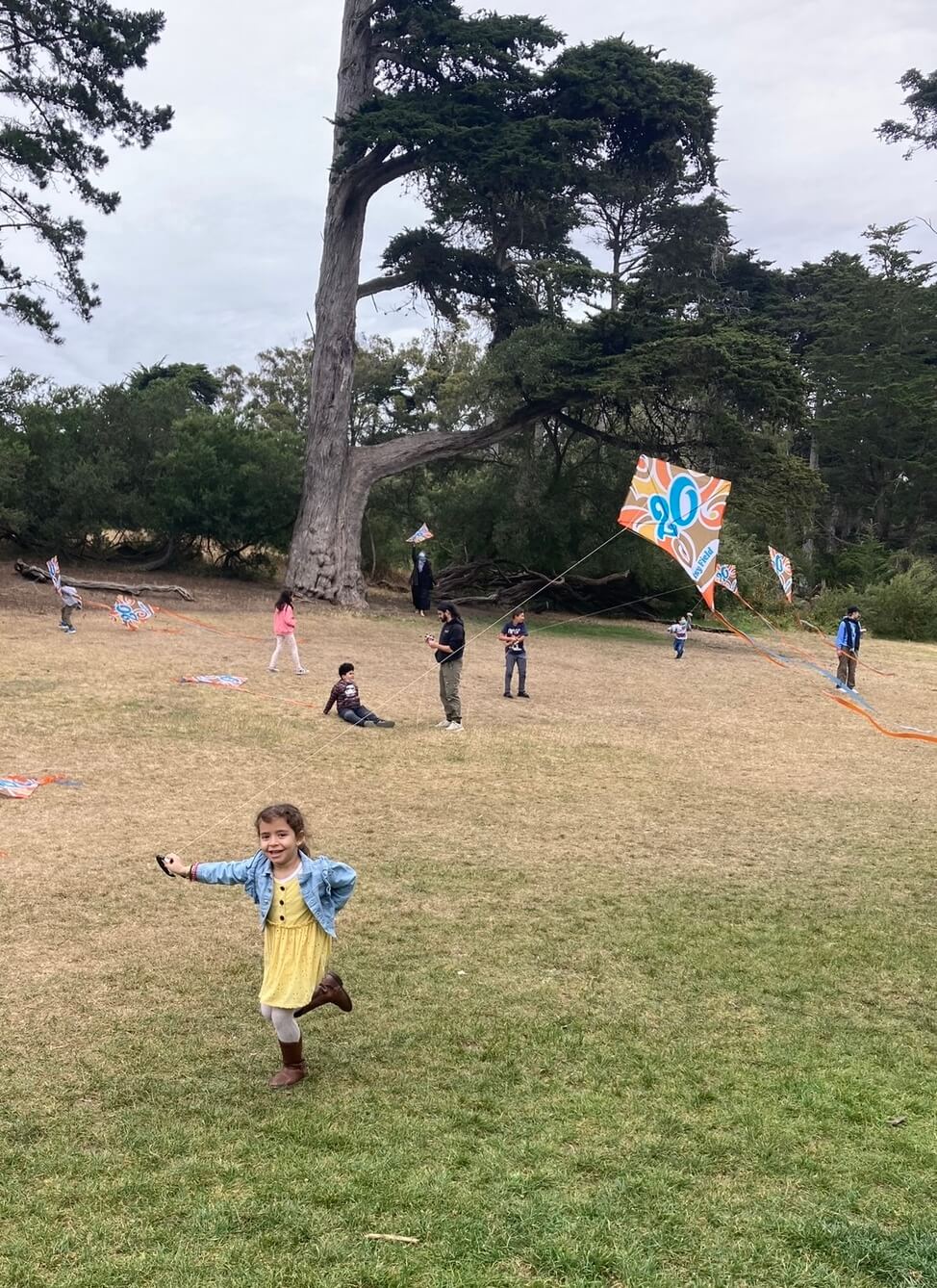 child running through open grass field with kite in her hand.